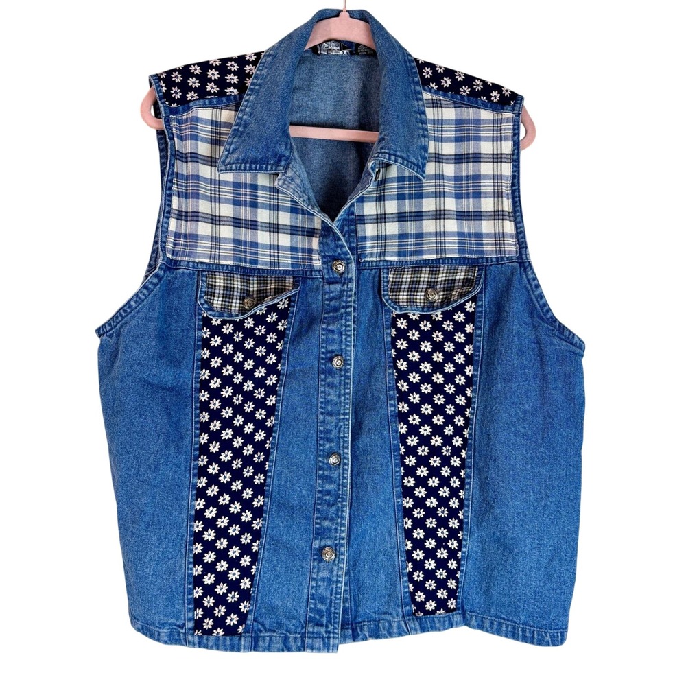 Patchwork Prints Blue Denim Sleeveless Blouse Shelly & Arnold 2X Vintage 90s Top